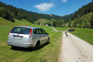 Auto auf der Wiese und tanzendes Kind